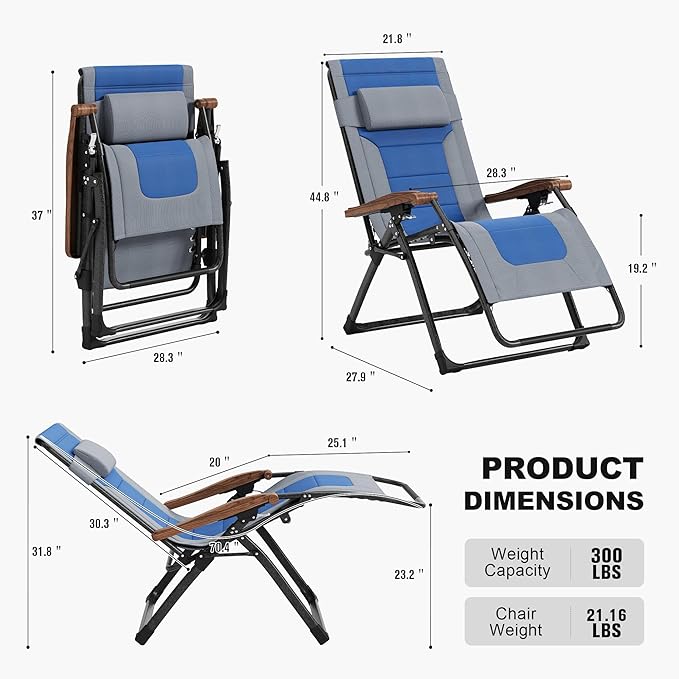 PURPLE LEAF Oversized Outdoor Reclining Chair Set of 2 Patio Zero Gravity Chaise Lounge Folding Chair with Quilted Cushion Adjustable Headrest for Lawn Camping Beach Pool Grey and Navy Blue