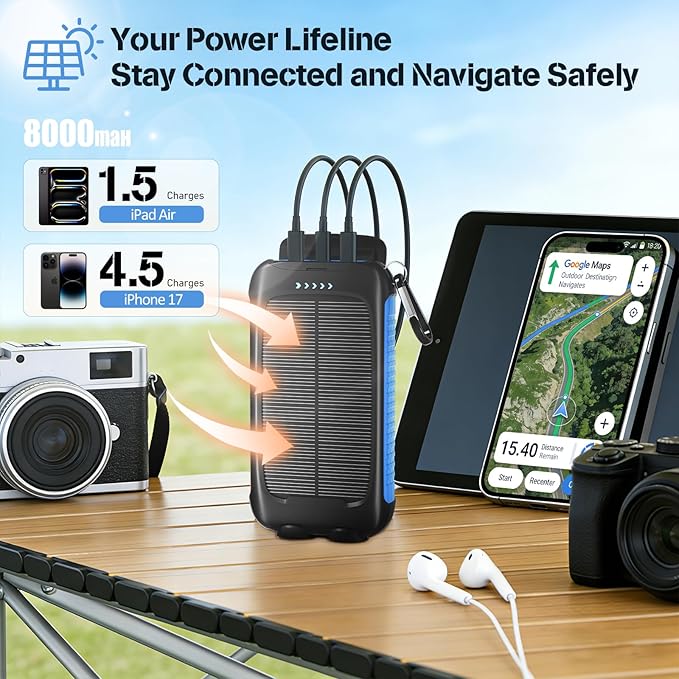 Portable Charger Solar Power Bank 8000mAh with USB-A and USB-C 5V/3A Output Port Blue Battery Pack Compatible with iPhone, Samsung, Waterproof Emergency LED Flashlights Perfect for Camping, Hiking