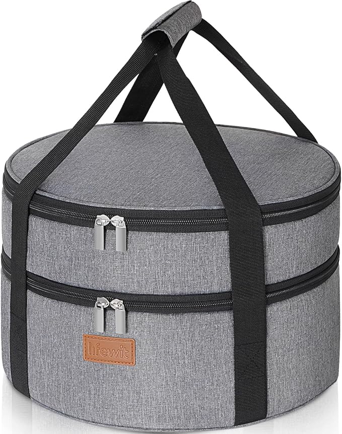 Lifewit Insulated Double Decker Round Casserole Carrier, Portable Pie Carrier Bag for Hot or Cold Food, Fits 12.5" Baking Dish, Thermal Lunch Tote for Potluck Parties, Picnic and Cookouts, Grey