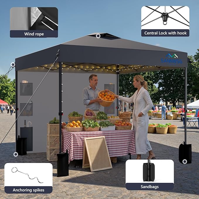 10X10 Pop Up Canopy Tent,Removable Pockets Sidewall for Extra Storage,Easy Up Canopy,Heavy Duty One Person Set Up Event Tent,Grey