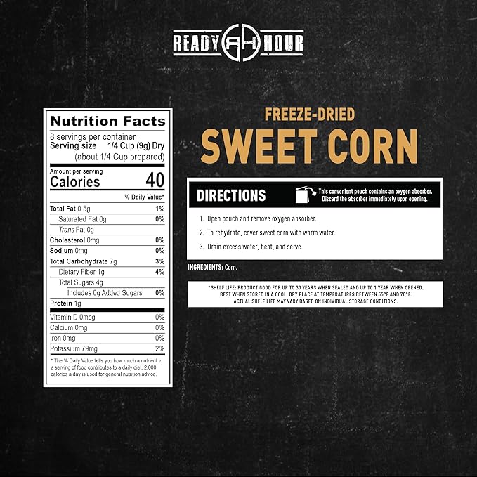 Ready Hour Freeze-Dried Corn Case Pack – Emergency Food, Long-Term Storage, Bulk Vegetables, Shelf-Stable Survival Supplies, Prepper Pantry Essential– 48 Servings (6 Pouches)