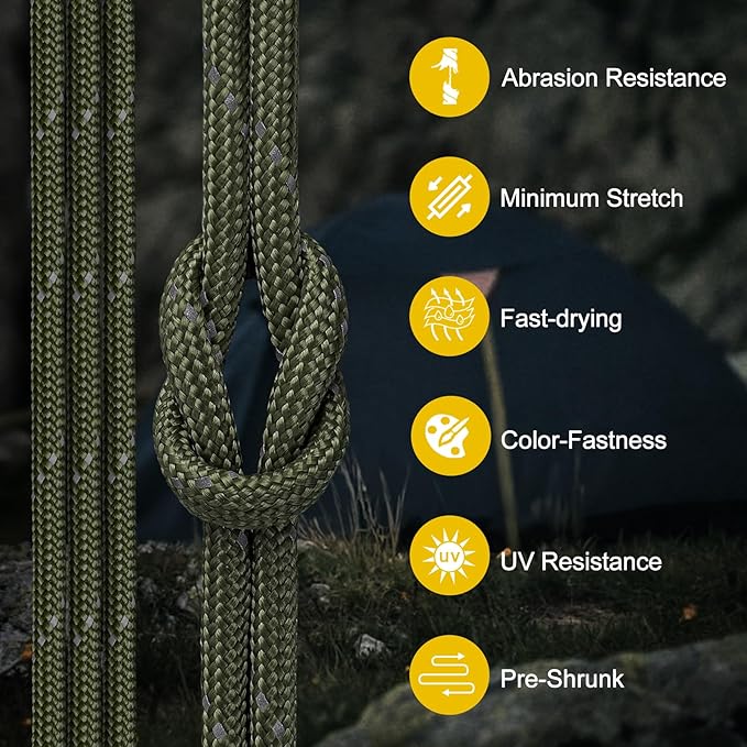 Reflective Parachute Rope 850Ib, 50/100/200/500/1000ft 4MM 11 Strand Paracord Cords, Tactical Paracord String for Camping, Fishing, Hammock, Tent & Survival Bracelet, Army Green 1000FT