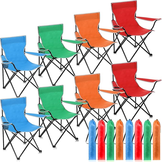 8 Pcs Folding Camping Chairs with Cupholder and Carry Bag Regular Size Portable Lightweight Lawn Chair with Mesh Side Pocket for Fishing Hiking Picnic Beach Outdoor Party (Classical)