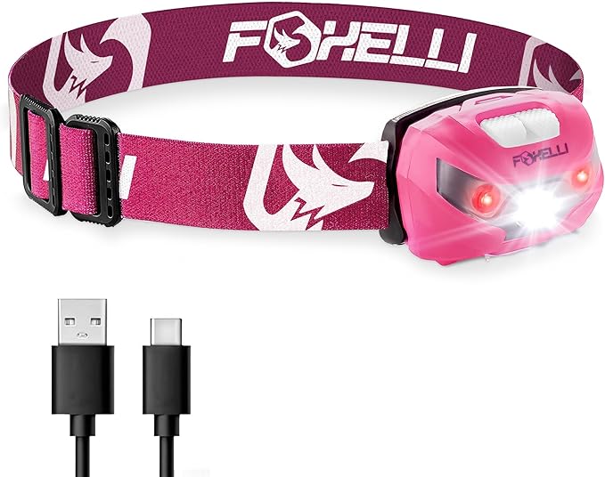 Foxelli USB-C Rechargeable LED Headlamp – Super Bright, Lightweight Head Lamp for Running, Camping, Hiking & Work – Comfortable Fit for Adults & Kids