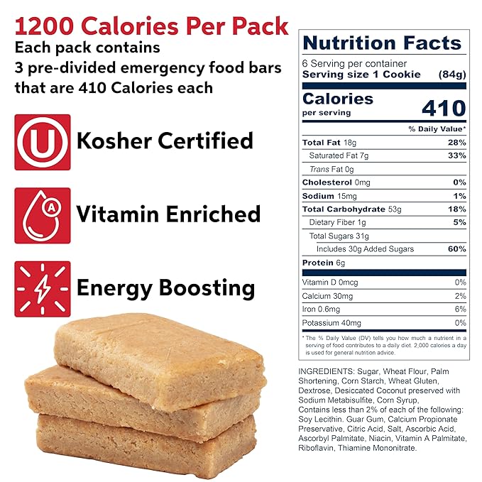 SOS Food Lab Emergency Food Bar - 1200 Calorie Ration (2 Pack Shortbread Cookie) - 1 Day/24 Hour Ready to Eat Supply for Camping, Hiking, Disaster Preparedness - 5 Year Shelf Life Energy Survival Food