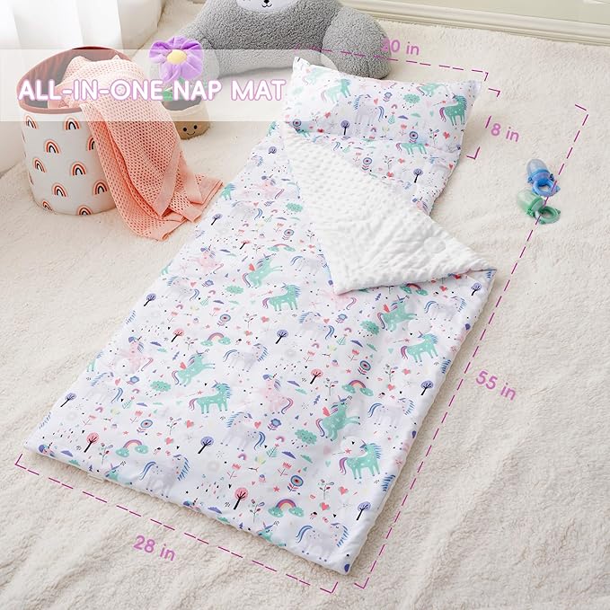 Bunnikins & Clover Toddler Nap Mat with Removable Pillow, Nap Mats for Preschool, Easy Clean Toddler Nap Pad for Kindergarten, Kids Sleeping Bag for Travel Camping
