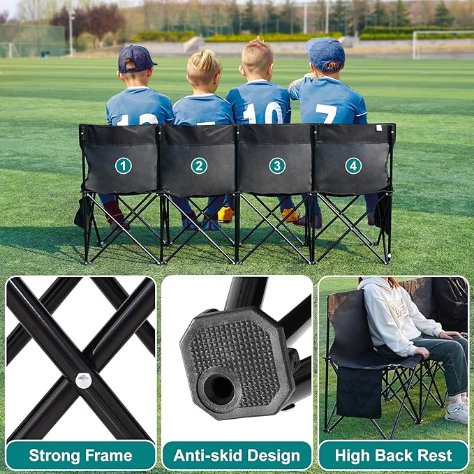 1MORE Soccer Bench - Portable Folding Team Bench, 6 Seats Foldable Sideline Benches, Soccer Chair with Bag & Backrest, Adult Team Chair for Football Camp Sport Events Outdoor Seating.Black-2PACK