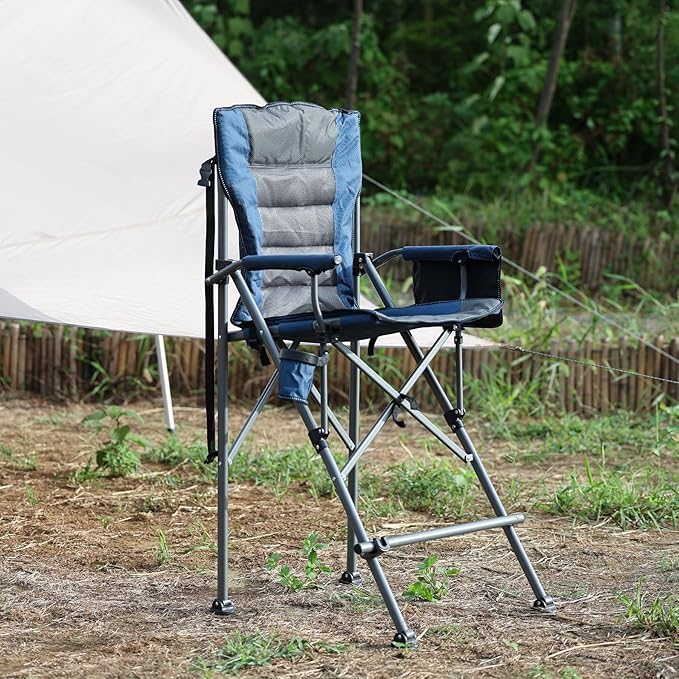 Extra Tall Folding Chairs for Adults 2 Pack, Portable Bar Height Foldable Director Chairs for Camping Outside, Comfortable with High Back and Footrest, Blue