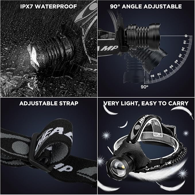 Rechargeable Headlamp, 3000 Lumens LED Super Bright Head Lamp with 5 Lighting Modes, USB Rechargeable, 90°Adjustable, Waterproof, Bright Headlamp for Adults Camping Biking Running(Βattery Included)