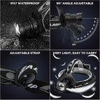 Rechargeable Headlamp, 3000 Lumens LED Super Bright Head Lamp with 5 Lighting Modes, USB Rechargeable, 90°Adjustable, Waterproof, Bright Headlamp for Adults Camping Biking Running(Βattery Included)