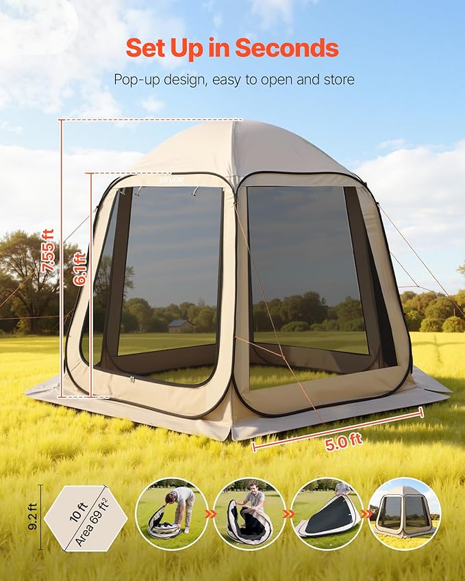 VEVOR 10 x 9.2 ft Pop-Up Screen House Tent, 4–8 Person Portable Screen Gazebo w/Carry Bag, Netting Sides & Ground Stakes, Quick Setup, Screened in Canopy for Garden, Patio & Backyard, Outdoor, Beige