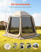 VEVOR 10 x 9.2 ft Pop-Up Screen House Tent, 4–8 Person Portable Screen Gazebo w/Carry Bag, Netting Sides & Ground Stakes, Quick Setup, Screened in Canopy for Garden, Patio & Backyard, Outdoor, Beige
