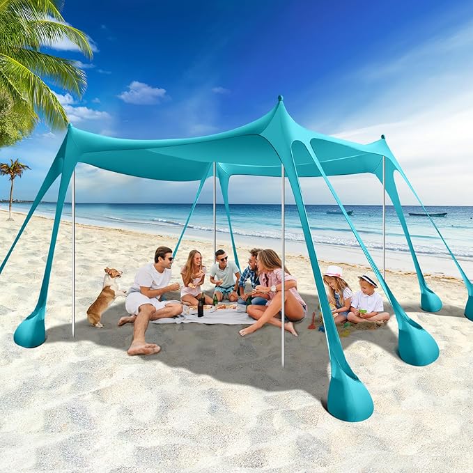 Rhino Valley Beach Tent Shade Canopy UPF50+ Protection, 8 Sandbags, 4 Stability Poles, Outdoor Sun Shelter Umbrella for Sand, Camping, Fishing Essentials