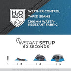 CORE Instant Cabin Tents with LED Lights | 6 Person / 9 Person / 12 Person Family Multi Room Lighted Pop Up Tents for Camping | Included Storage Pockets for Camping Accessories