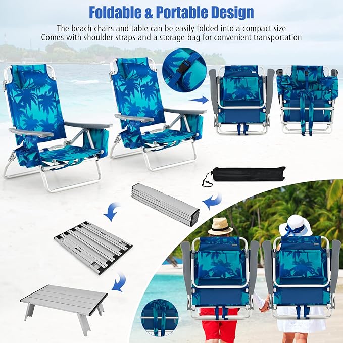Tangkula Backpack Beach Chair with Table, 5-Position Lay Flat Beach Chairs with Cooler Bag, 2 Cup Holders, Towel Bar, Lightweight Low Folding Beach Chair with Backpack Straps