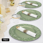 CNCEST 100 PCS Antique Charger Plates Bulk 13'' Plastic Embossed Dinner Plate Chargers Round Floral Plates for Wedding Decorative Chargers for Table Dinner Kitchen Party Decoration (Green)