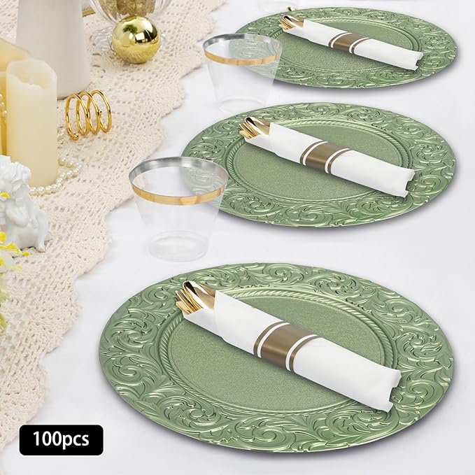 CNCEST 100 PCS Antique Charger Plates Bulk 13'' Plastic Embossed Dinner Plate Chargers Round Floral Plates for Wedding Decorative Chargers for Table Dinner Kitchen Party Decoration (Green)