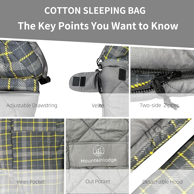 Mountainlodge 100% Cotton Shell and Lining Sleeping Bag for Adult Cold Weather with Compression Bag&Carry Bag for Camping,Travel and Car Camping