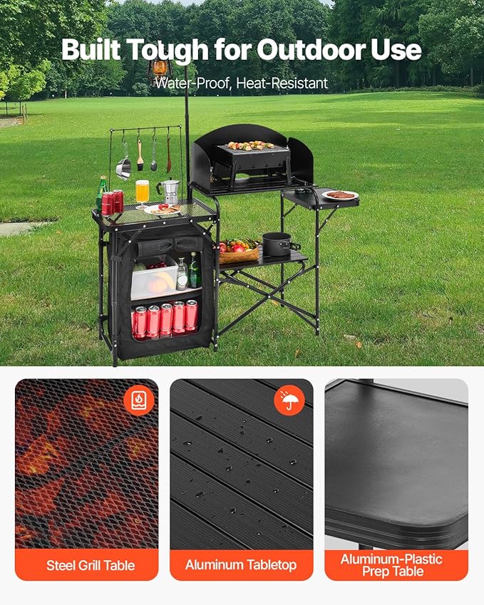 VEVOR Camping Kitchen Table, Outdoor Camp Cooking Table, Aluminum Portable Cook Station with Storage Cupboard, Carrying Bag, Detachable Windscreen, Quick Set-up for BBQ Party Picnic RV Travel, Black
