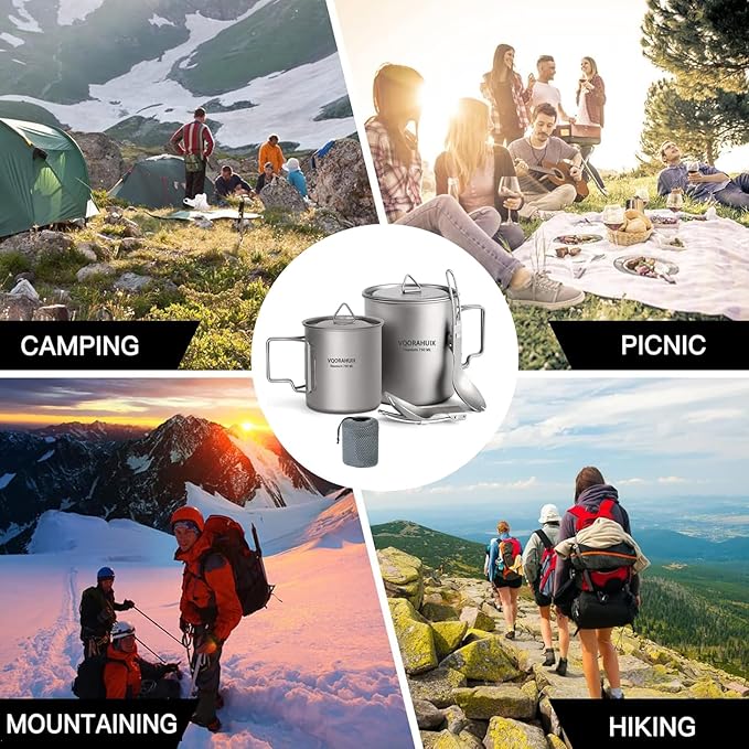 Titanium Mug Camping Pot Titanium Cup 420ml & 750ml Titanium Pot with Lid, Spork, Bag Lightweight Titanium Camping Pot for Backpacking Hiking Picnic and Traveling