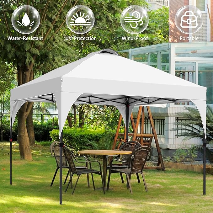 GDY 10x10 Easy Set Up Camping Canopy, Pop Up Tent with 4 Piece Sidewalls, Easy Up Canopy for Events, Parties, Gatherings, Camping, White.