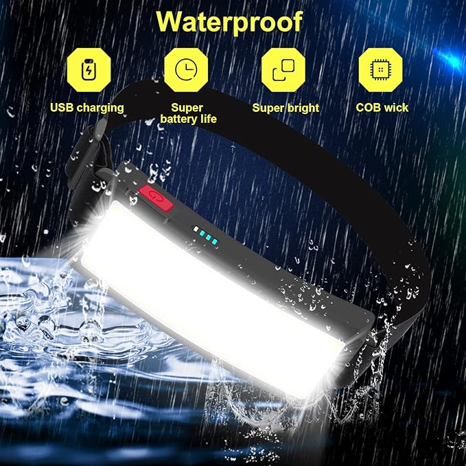 Rechargeable headlamp,（6-piece Set） 1500 Lumen Wide Beam Led Headlamp, 3 Lighting Modes, Lightweight Waterproof Light Bar Headlamp, Suitable for Outdoor, Running, Fishing, Camping