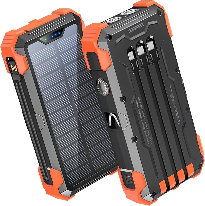 GOODaaa Portable Charger 42800mAh Built in 4 Cables and Thermometer 15W Fast Charging Power Bank Five Outputs Three Inputs Solar Charger Power Bank, SOS/Strobe/Strong Flashlights, Carabiner
