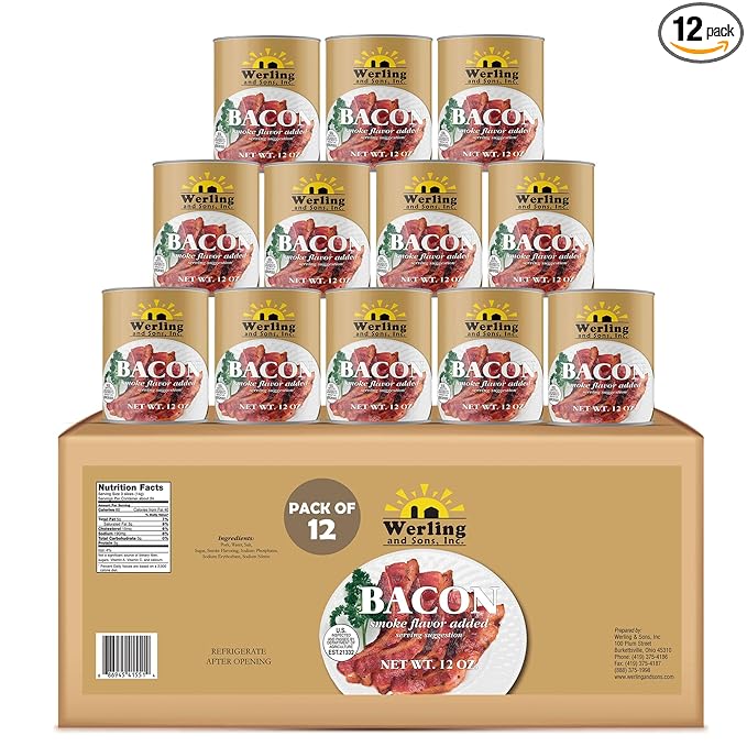 Werling Fully Cooked Canned Bacon 12 oz – Ready to Eat Smoked Bacon, Shelf Stable up to 5 Years, Long-Term Food Storage, Emergency Survival Food, Camping & Hiking Meals, Pantry Staple, No Refrigeration Required, Canned Meat, Pack of 12
