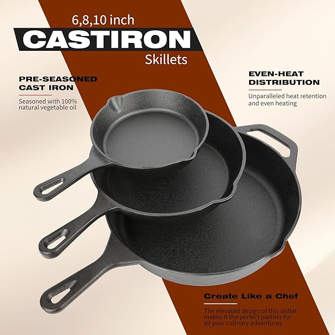 Cast Iron Skillet 3-Piece Set, 6", 8", 10" Frying Pans, Heavy-Duty Pre-Seasoned Pan Cookware Set, For Frying, Saute, Cooking, Pizza & More, Black