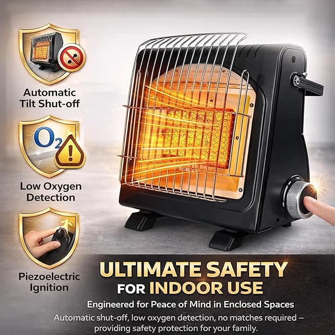 Upgraded 2 In 1 Portable Indoor Butane Heater & Stove with Self Ignition, Safe & Cordless Non Electric Heaters, Butane Emergency Heater for Power Outage, For Camping, Tents, Outdoor (New Black)