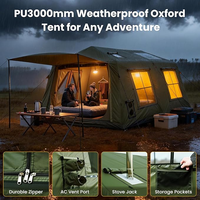 ABORON 2/6/8/10/12 Person Inflatable Camping Tent, Easy Setup Blow Up Tent with Hand Pump, PU3000mm Waterproof & Breathable 4 Season Glamping Tent for Outdoor Camping