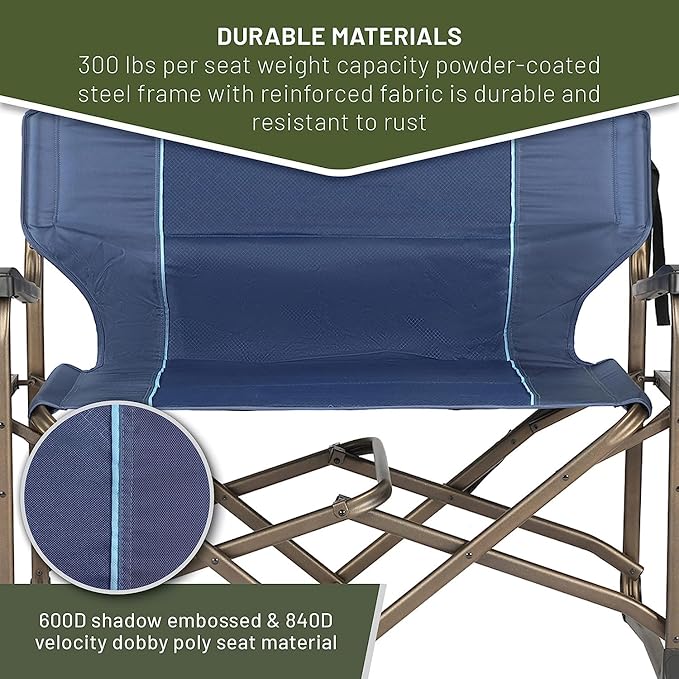 Timber Ridge Double Camping Chair Foldable Loveseat Directors Chairs, Oversized Double Folding Camping Chairs with 2 Side Tables, 2 Person Lawn Chair, Heavy Duty Support 600 LBS for Outdoor, Blue