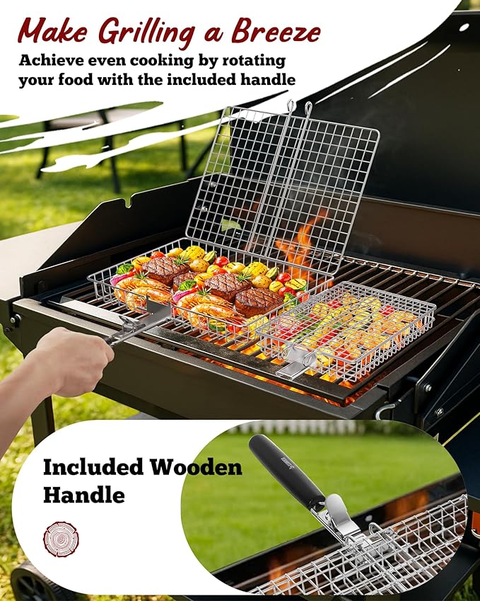 Nesting Grill Baskets, 2PCS Grilling Baskets for Outdoor with Removable Handle, Stainless Steel BBQ Camping Cooking Accessories Tools for Meat Steak Fish Vegetable Shrimp, Gifts for Men Dad Husband