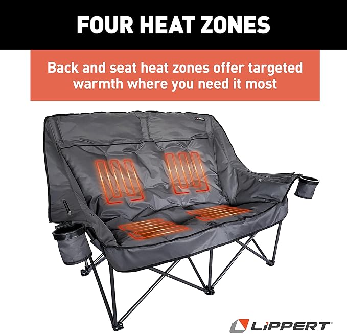 Lippert Big Bear Dark Grey Heated Folding Camping Loveseat with Power Banks, Four Heat Zones, 600-lb. Weight Capacity, 600D Polyester Fabric, High-Loft Cushioning, Zippered Carrying Bag - 2024043335