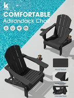 KINGYES Folding Adirondack Chair Set of 2, Dual Cup Holders & All-Weather HDPE, Wood-Like Patio Chair for Backyard, Camping, Pool & Fire Pit, Black