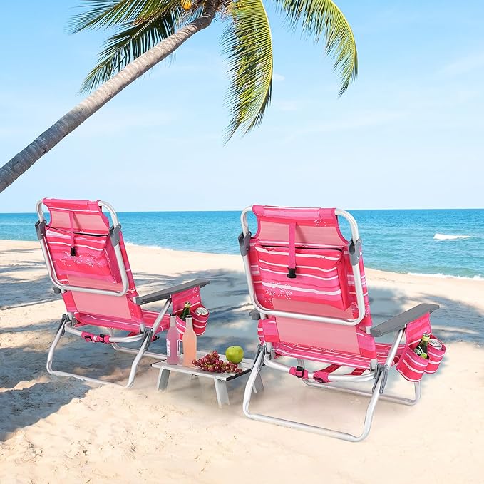 Tangkula Backpack Beach Chair with Table, 5-Position Lay Flat Beach Chairs with Cooler Bag, 2 Cup Holders, Towel Bar, Lightweight Low Folding Beach Chair with Backpack Straps