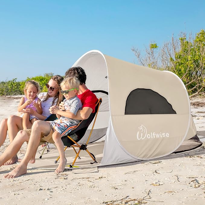 Wolfwise Pop up Beach Tent Sun Shelter with UPF50+ UV Protection, Instant Easy Setup Popup Beach Shade Canopy for 3 Person, Portable & Foldable with Carring Bag, 87 ×57×47 in, Beige