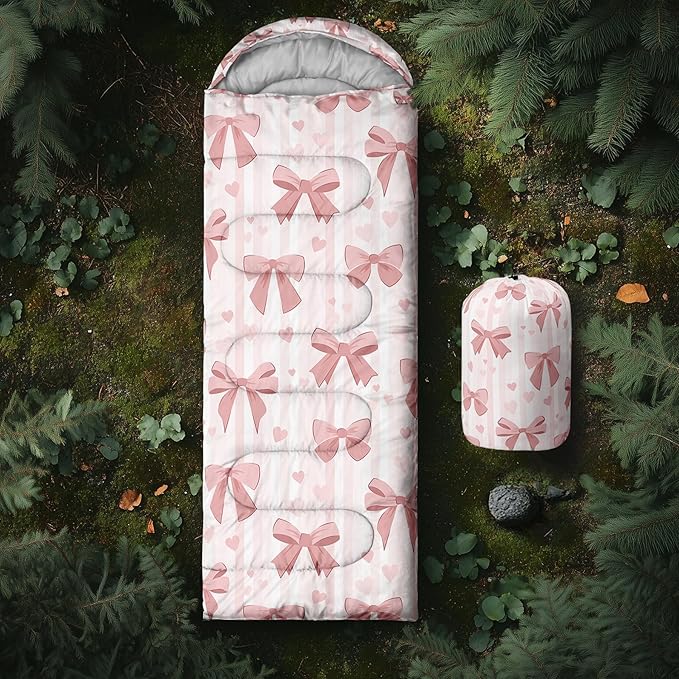 Pink Bow Sleeping Bag,Girly Princess Bowknot Camping Bag for Girls Kids,Pink and White Striped Lightweight Warm Portable Outdoor Indoor-Waterproof Cold Weather Resistant for Camping Hiking