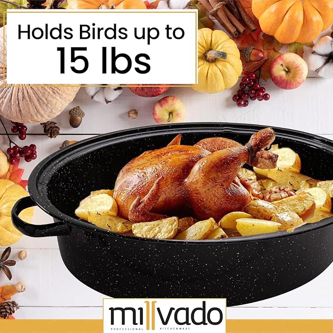 Roasting Pan With Lid, Turkey Roaster Pan, Extra Large 15 lb Capacity, 18" Granite Oven Roaster Oval Shaped Speckled Enamel on Steel Cookware
