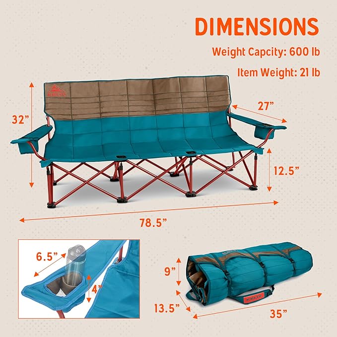 Kelty Lowdown Couch - 3 Person Capacity Camping Chair, Extra Large and Sturdy Bench for Campsites, Soccer Games, and Backyard Parties