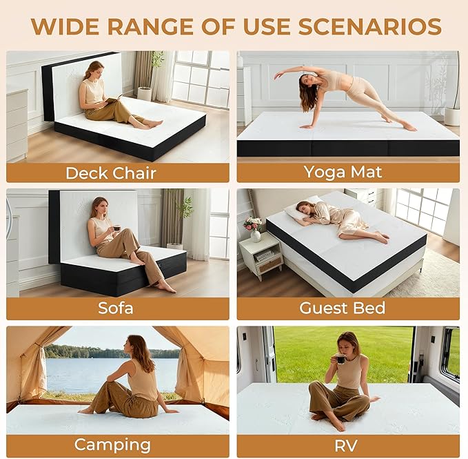 6 Inch Trifold Mattress, Full Size Foldable Memory Foam Mattress with Viscose Derived from Bamboo Washable Cover, Folding Mattress Topper Floor Bed for Camping, Guest, RV, Ventilated