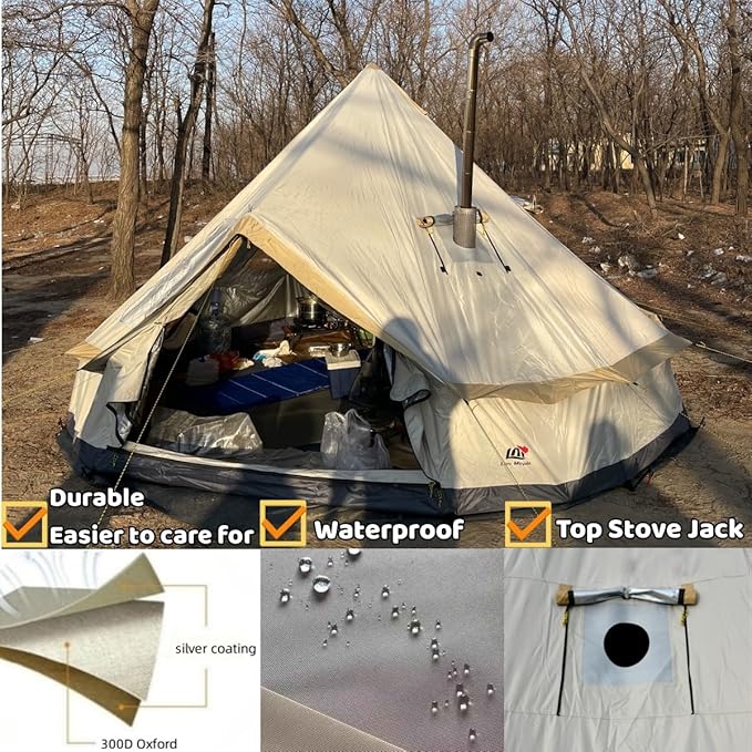 Backpacking Bell Tent with Top Stove Jack for All Year Camping, 300D Oxford Waterproof Yurt Tents for Glamping,Parties,Outdoor Events(Off White,13ft/16.4ft)