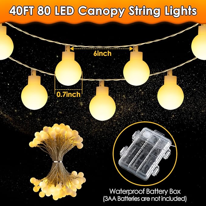 2 Pack LED Canopy Lights, 40ft 80LED Battery Powered Canopy Tent Lights Outdoor with 8 Modes, Warm White Canopy String Light for 10' x 10' Pop up Canopy Tent