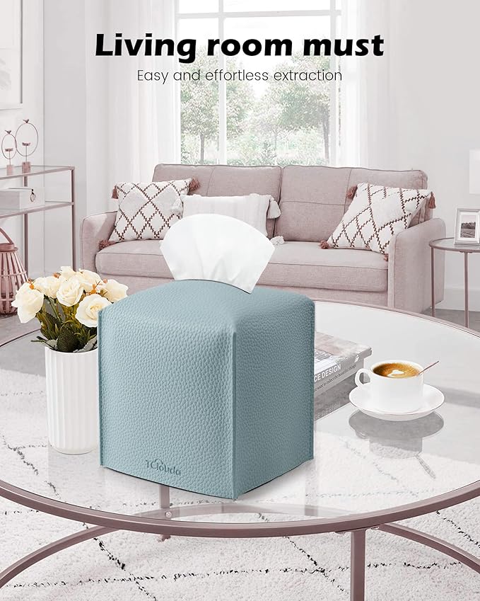 Tissue Box Cover for PU Leather, Modern Simple Solid Color Holder Square Tissue Bag, Ideal for Bathrooms,Office,Car,Nightstand,Outdoor Tent,Dining Table,5"X5"X5", Single Blue