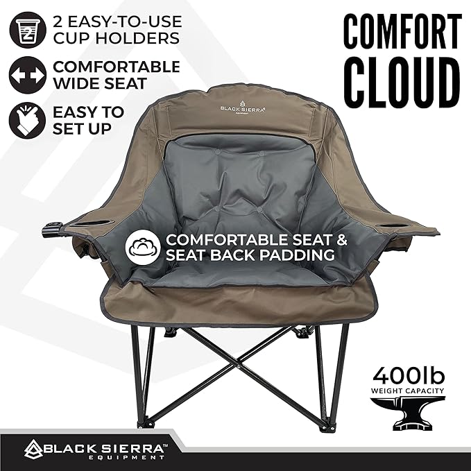 Black Sierra Oversized Camping Chair for Adults – 400 lb Heavy Duty Folding Chair with Cup Holders & Carry Bag