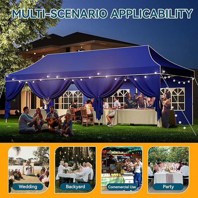 Hoteel 10x30 Pop Up Canopy Tent Heavy Duty with 8 Sidewalls, Waterproof Party Tent, Easy Set-up Commercial Instant Tents with Hand Bag, Rope & Nail, Hexagonal Leg (1-Year Warranty)