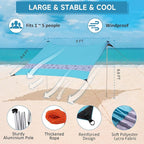 VILLEY Beach Tent Sun Shelter with UPF50+ Protection for 5 Person, 8x7FT Portable Sun Shade with 2 Stability Poles and 4 Sandbags, Outdoor Beach Canopy for Camping, Picnics, Fishing, Outdoors(Blue)