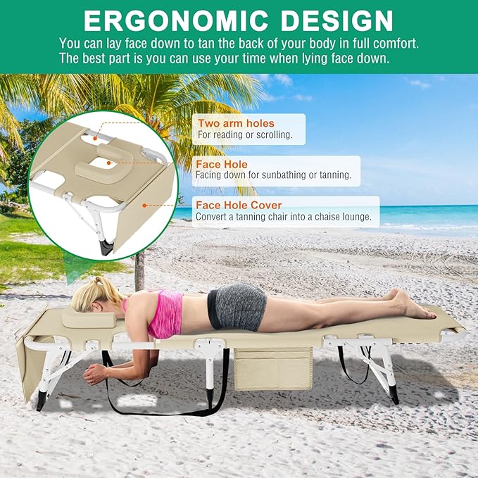 LILYPELLE Folding Chaise Lounge Chair with Mattress, 5 Position Beach Chair with Face Hole, Patio Chaise Lounge Chairs for Outside, Sunbathing, Camping, Pool, Beach, Poolside