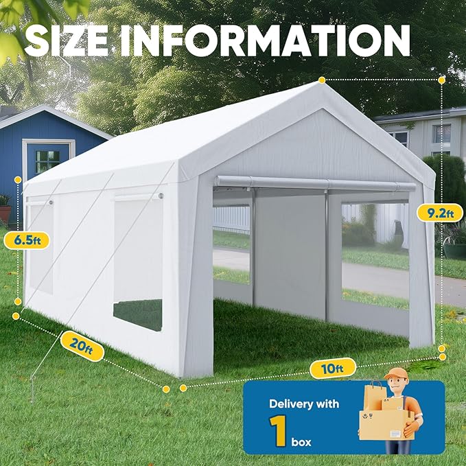 Quictent Upgraded 10x20 ft Heavy Duty Galvanized Carport - Reinforced Outdoor Garage Canopy Tent with Roll-up Ventilated Windows & Sidewalls, Weatherproof Shelter for Car, Boat, RV - White