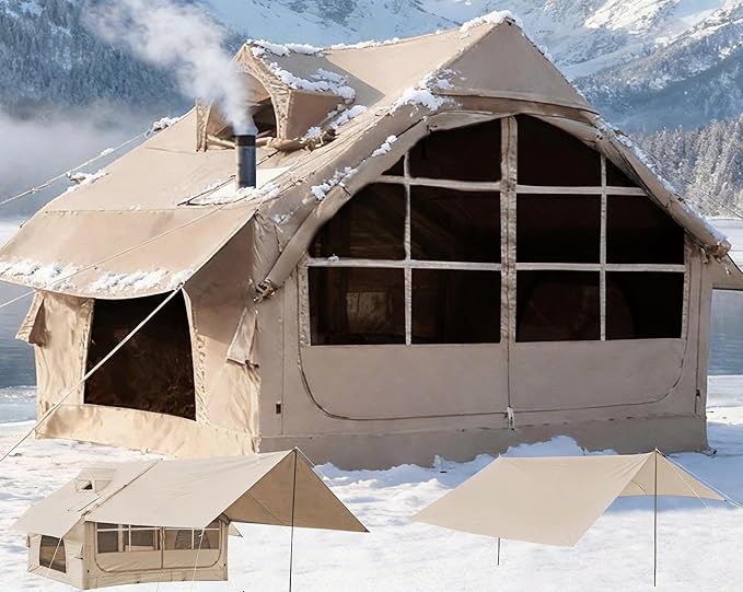 Inflatable Tents for Camping with Stove Jack, 2/4/6/8 Person Easy Setup Blow Up Tents for 4 Seasons Waterproof Inflatable Camping Tent with Awning, Air House Glamping Tents for Camping Adult
